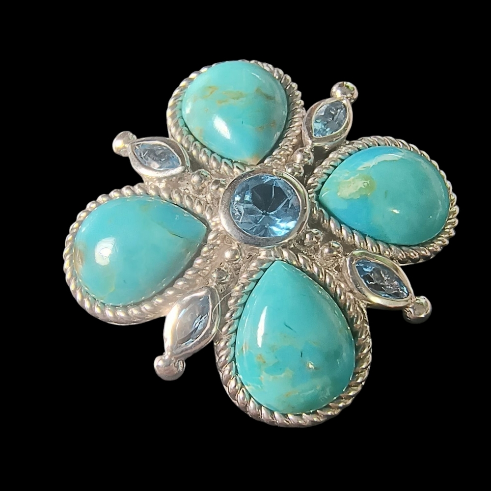 Turquoise And Blue Topaz 4-Leaf Clover Ring In Sterling Silver - Picture 3 of 11